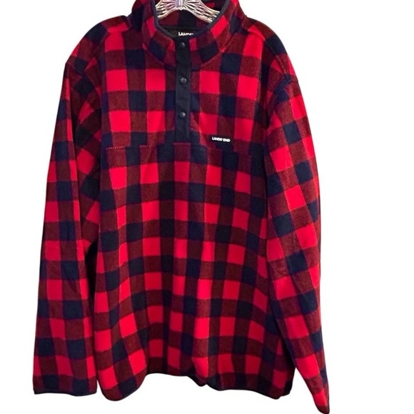 Lands' End Men's 3XL Red Buffalo Plaid Fleece Snap Neck Pullover Sweater - Picture 1 of 16